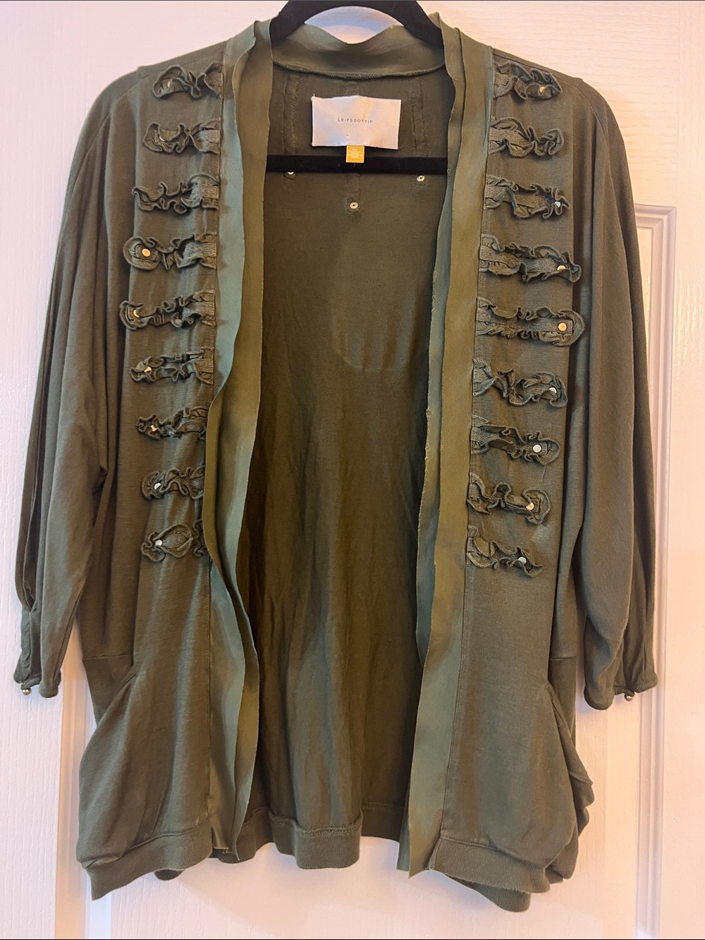 Leifsdottir Anthropology Olive Green Open-Front Ruffle-Trim Lightweight Jacket